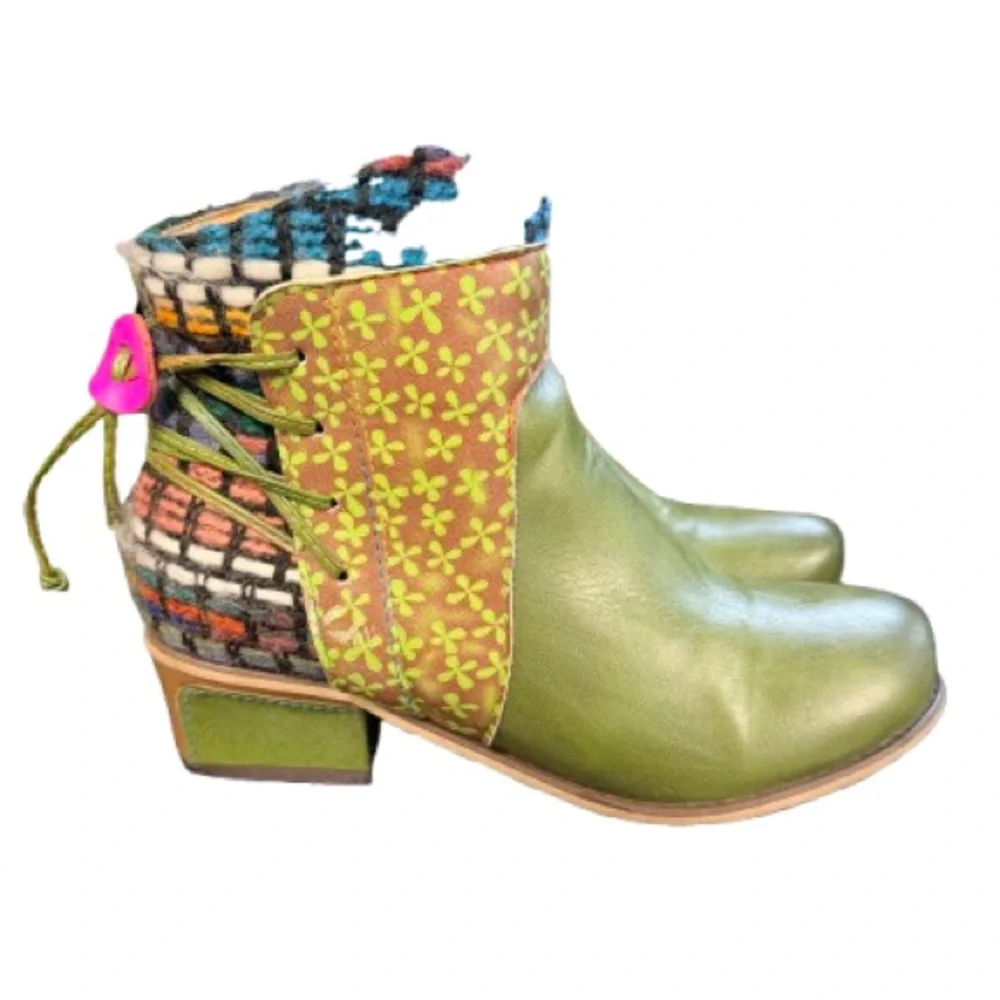 Whimsical Patchwork Boots Leather Wool Colorful Cottagecore Art Boots 8-8.5